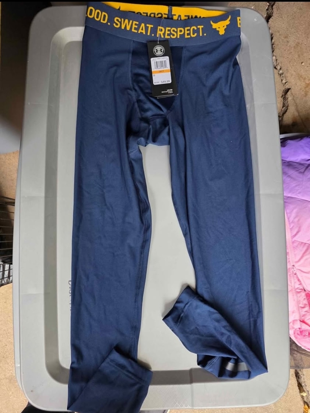 Under Armour Navy Blue Performance Compression Tights with Yellow Waistband Text